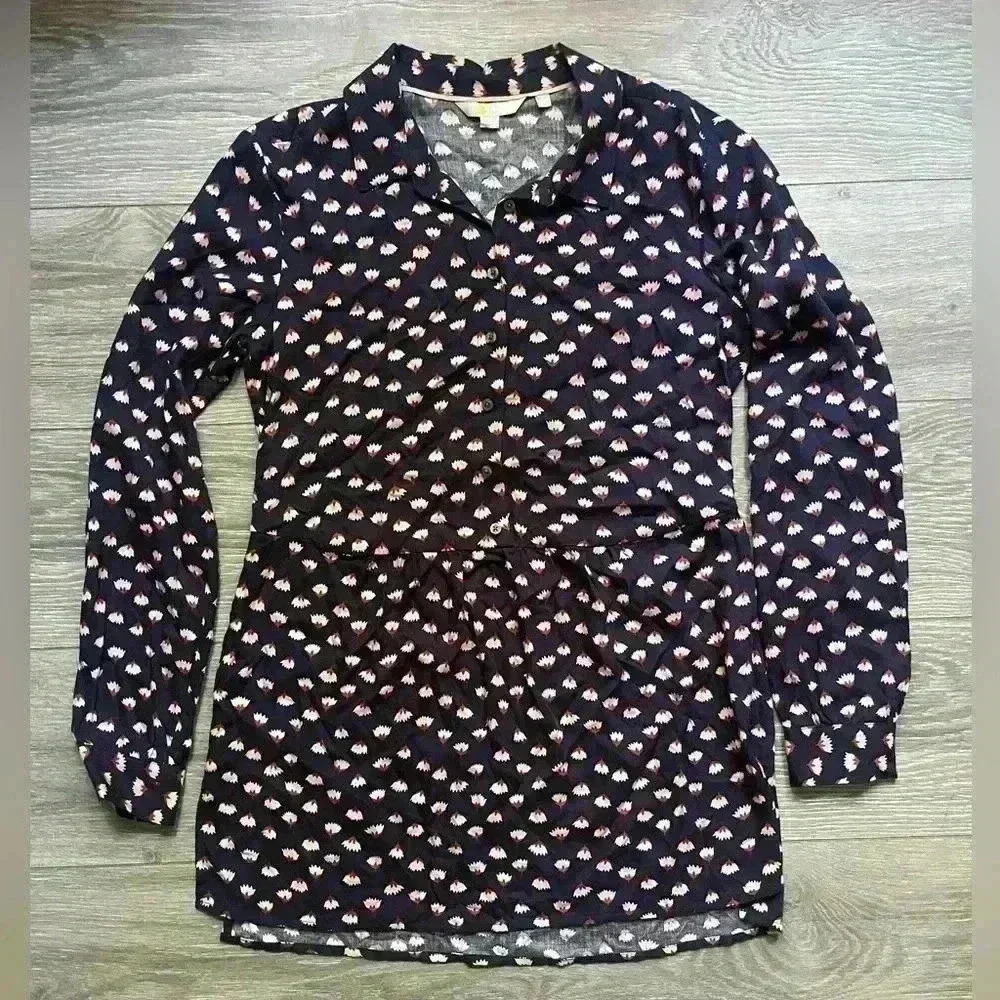Boden Navy Cream Floral Print Button Down Babydoll Preppy Work Tunic Top Size 4